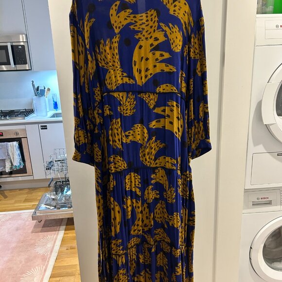 Farm Rio Navy Bananica Maxi Dress L Banana Print Belted Long Sleeve - Picture 2 of 6